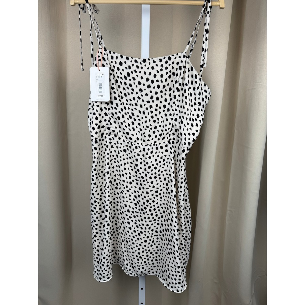 NWT Gianni Bini Ivory Black Spot Tie Strap Midi Dress Smocked Back Adjustable L